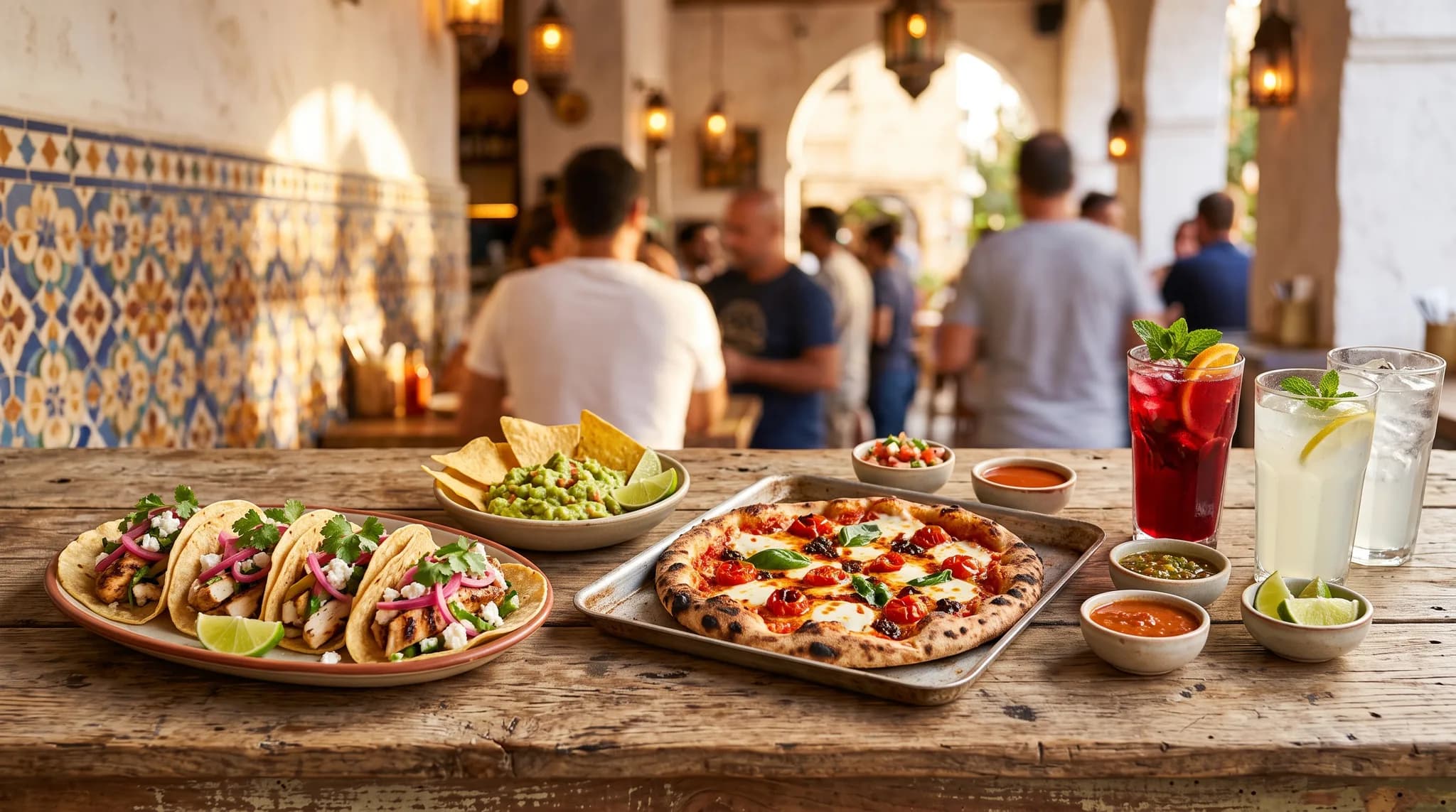 A sunny table of tacos, pizza, salsa and cold drinks